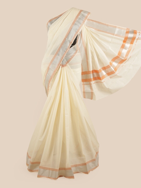 

Pothys Off White & Silver-Toned Zari Pure Cotton Kasavu Saree