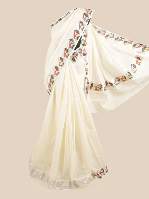 

Pothys Off White & Silver-Toned Zari Pure Cotton Kasavu Saree