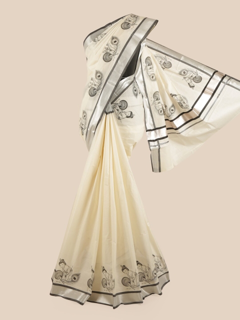 

Pothys Off White & Black Ethnic Motifs Zari Pure Cotton Kasavu Saree