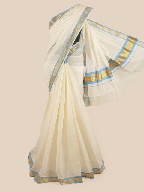 

Pothys Off White & Gold-Toned Pure Cotton Kasavu Saree