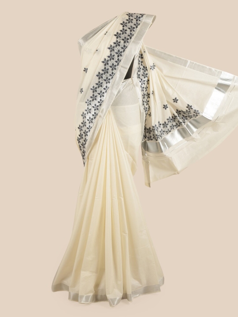 

Pothys Off White & Silver-Toned Floral Zari Pure Cotton Kasavu Saree