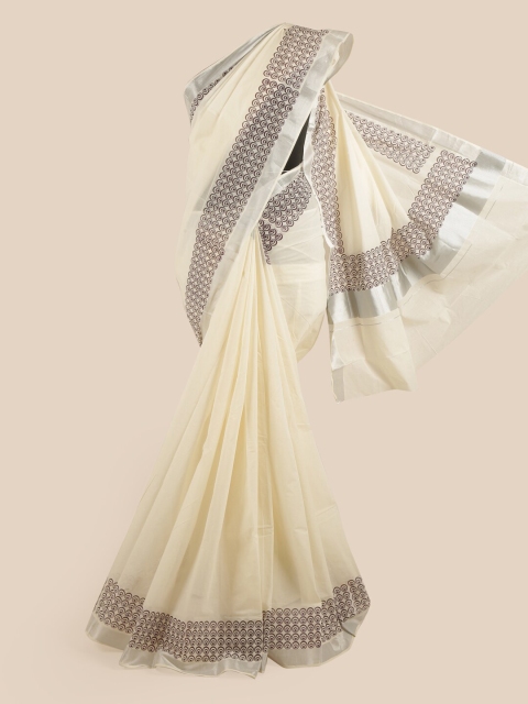 

Pothys Off White & Brown Zari Pure Cotton Kasavu Saree