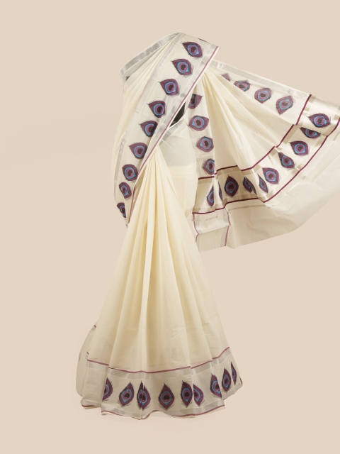 

Pothys Off White & Purple Ethnic Motifs Zari Pure Cotton Kasavu Saree