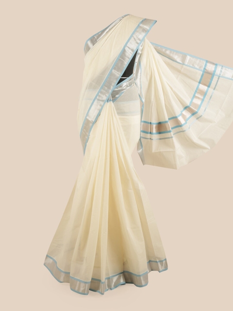 

Pothys Off White & Silver-Toned Zari Pure Cotton Kasavu Saree