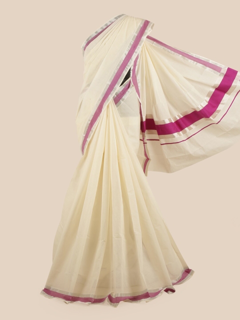 

Pothys Off White & Purple Zari Pure Cotton Kasavu Saree