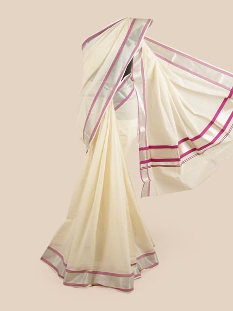 

Pothys Off White & Pink Zari Pure Cotton Kasavu Saree