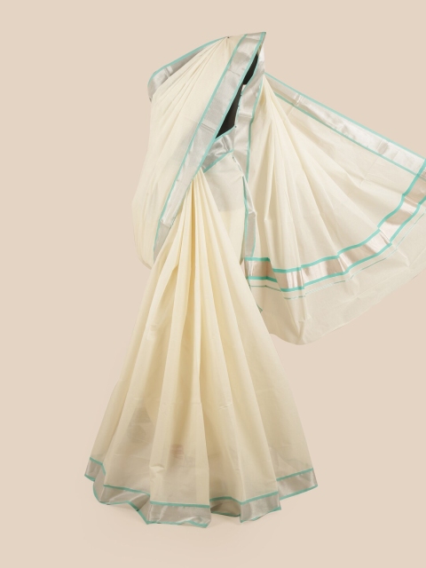 

Pothys Off White & Turquoise Blue Zari Pure Cotton Kasavu Saree