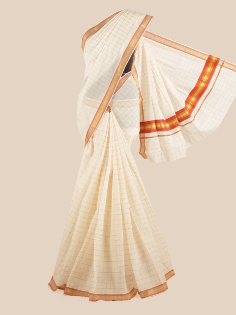 

Pothys Off White & Red Checked Pure Cotton Kasavu Saree