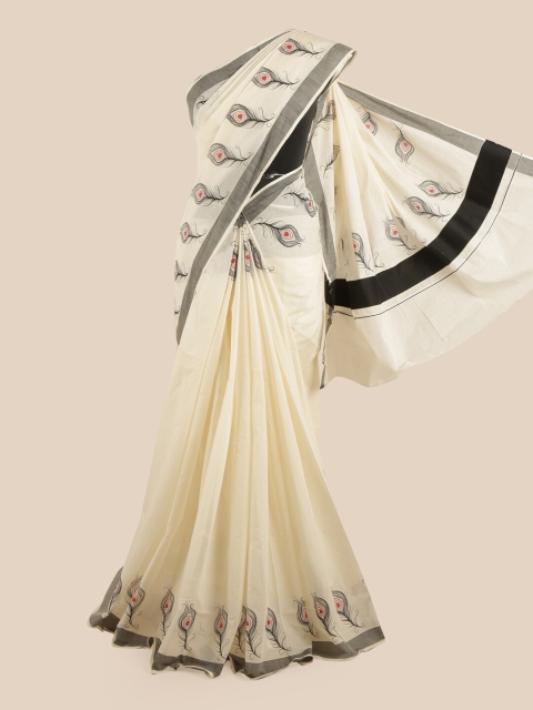 

Pothys Off White & Black Ethnic Motifs Pure Cotton Kasavu Saree