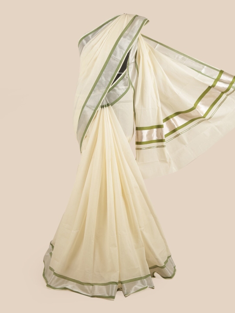 

Pothys Off White & Silver-Toned Zari Pure Cotton Kasavu Saree