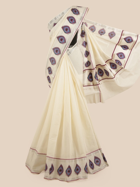 

Pothys Off White & Purple Pure Cotton Kasavu Saree