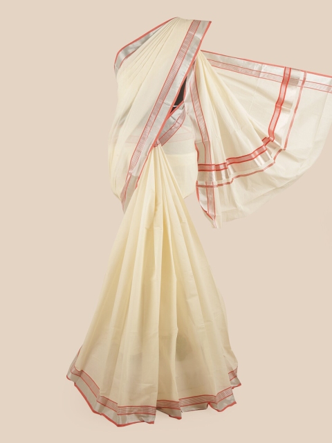 

Pothys Off White & Silver-Toned Zari Pure Cotton Kasavu Saree