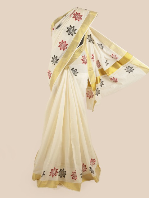 

Pothys Off White & Gold-Toned Floral Zari Pure Cotton Kasavu Saree