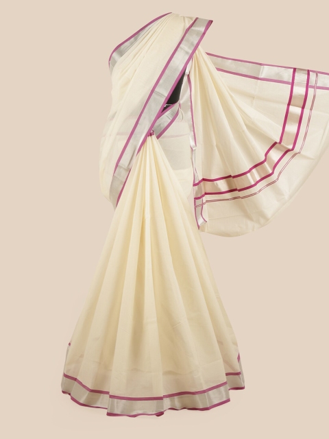 

Pothys Off White & Magenta Pink Zari Pure Cotton Kasavu Saree