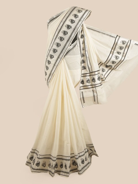 

Pothys Off White & Black Pure Cotton Kasavu Saree