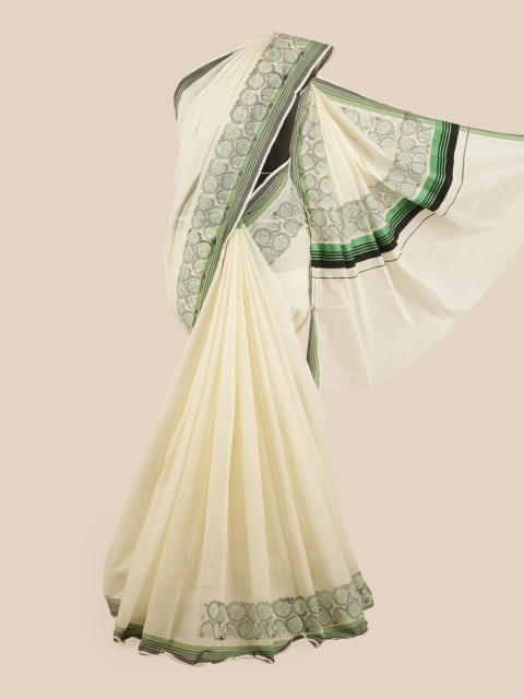

Pothys Off White & Green Ethnic Motifs Pure Cotton Kasavu Saree