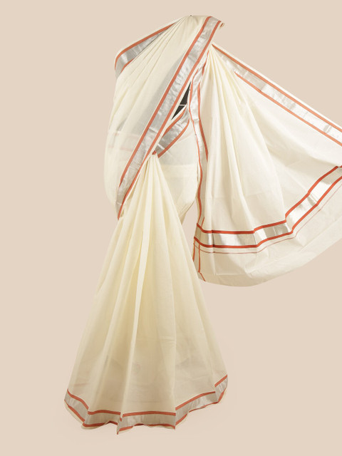 

Pothys Off White & Orange Pure Cotton Kasavu Saree