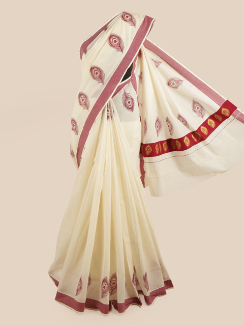 

Pothys Off White & Maroon Ethnic Motifs Printed Zari Pure Cotton Kasavu Saree