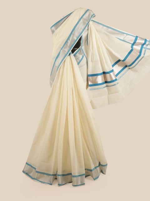 

Pothys Off White & Turquoise Blue Pure Cotton Kasavu Saree