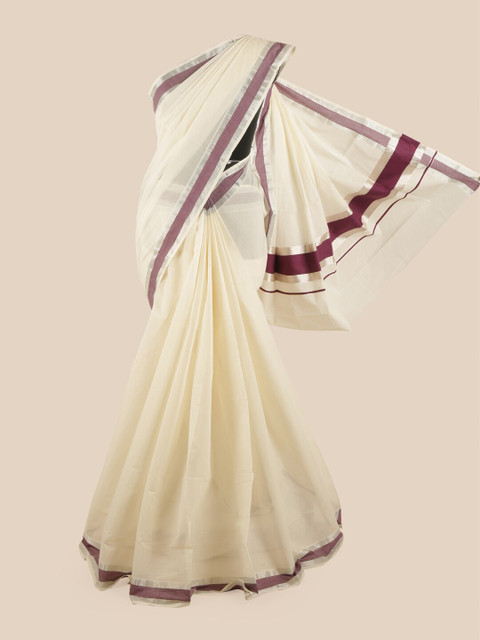 

Pothys Off White & Purple Pure Cotton Kasavu Saree