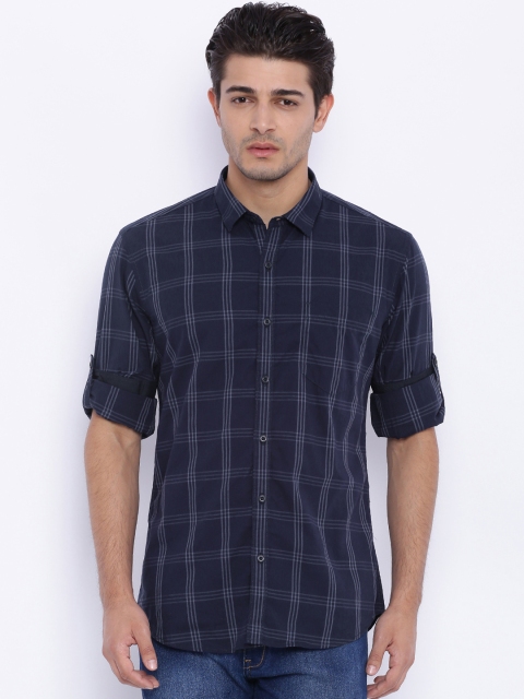 

HIGHLANDER Men Navy Blue Slim Fit Checked Casual Shirt