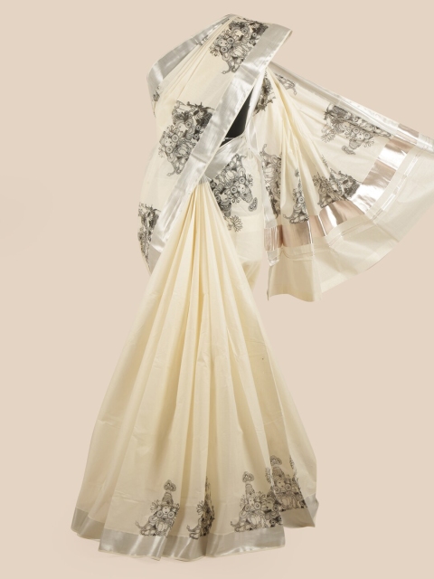

Pothys Off White & Black Ethnic Motifs Printed Zari Pure Cotton Kasavu Saree