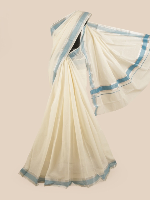 

Pothys Off White & Turquoise Blue Pure Cotton Kasavu Saree