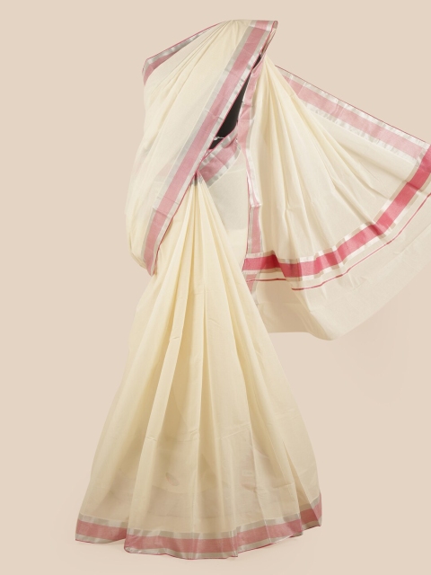 

Pothys Off White & Pink Zari Pure Cotton Kasavu Saree