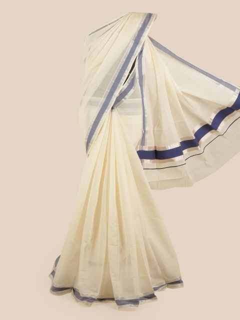 

Pothys Off White & Blue Zari Pure Cotton Kasavu Saree