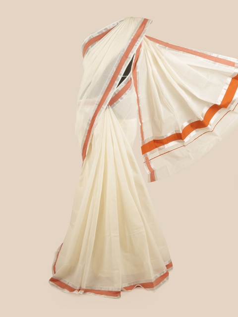 

Pothys Off White & Rust Zari Pure Cotton Kasavu Saree