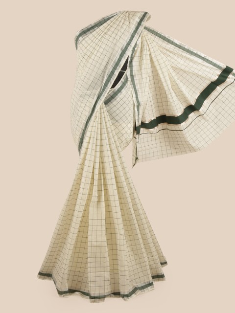 

Pothys Off White & Grey Checked Zari Pure Cotton Kasavu Saree