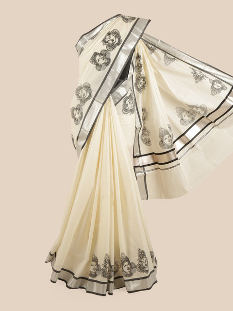 

Pothys Off White & Black Ethnic Motifs Printed Zari Pure Cotton Kasavu Saree