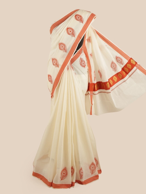 

Pothys Off White & Rust Ethnic Motifs Printed Pure Cotton Kasavu Saree