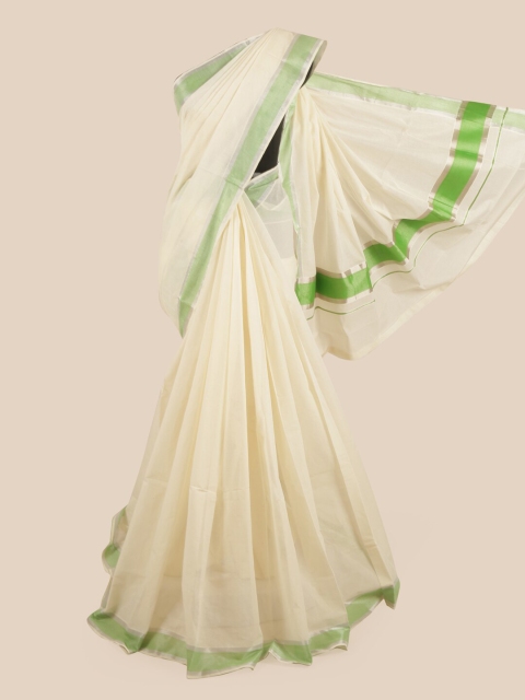 

Pothys Off White & Green Zari Pure Cotton Kasavu Saree