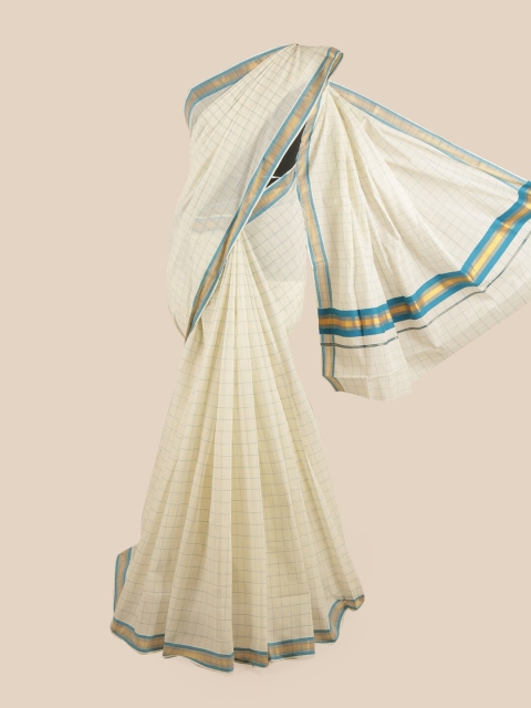 

Pothys Off White & Blue Checked Zari Pure Cotton Kasavu Saree