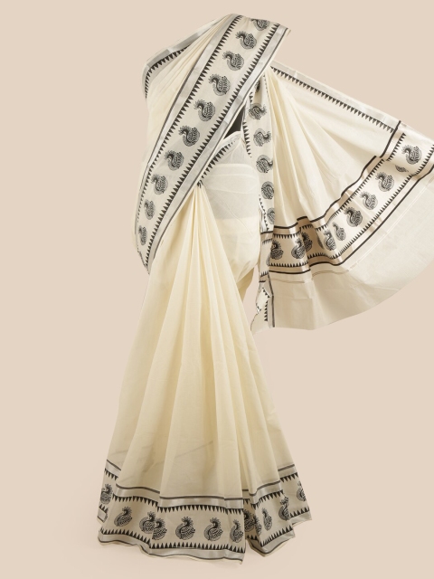 

Pothys Off White & Black Ethnic Motifs Printed Pure Cotton Kasavu Saree