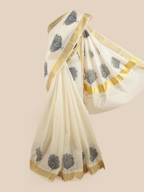 

Pothys Off White & Blue Ethnic Motifs Printed Pure Cotton Kasavu Saree