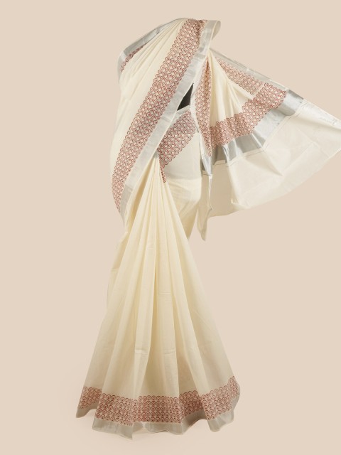 

Pothys Off White & Brown Printed & Zari Border Pure Cotton Kasavu Saree