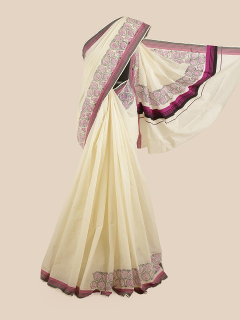 

Pothys Off White & Violet Pure Cotton Kasavu Saree