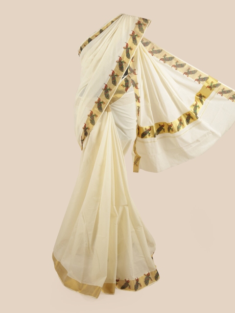 

Pothys Off White & Gold-Coloured Zari Pure Cotton Kasavu Saree