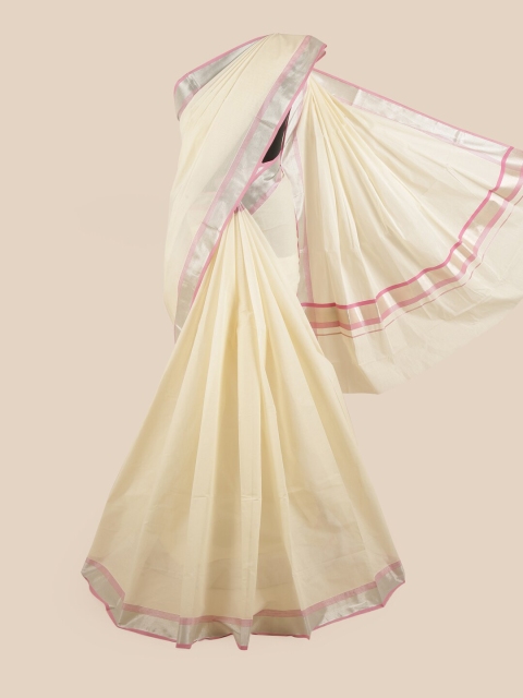 

Pothys Off White & Pink Pure Cotton Kasavu Saree