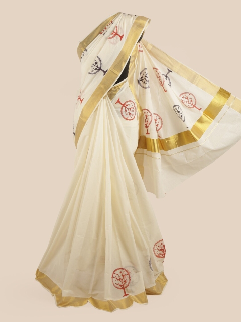 

Pothys Off White & Gold-Coloured Ethnic Motifs Printed Pure Cotton Kasavu Saree