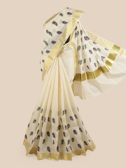 

Pothys Off White & Gold-Coloured Ethnic Motifs Printed Pure Cotton Kasavu Saree