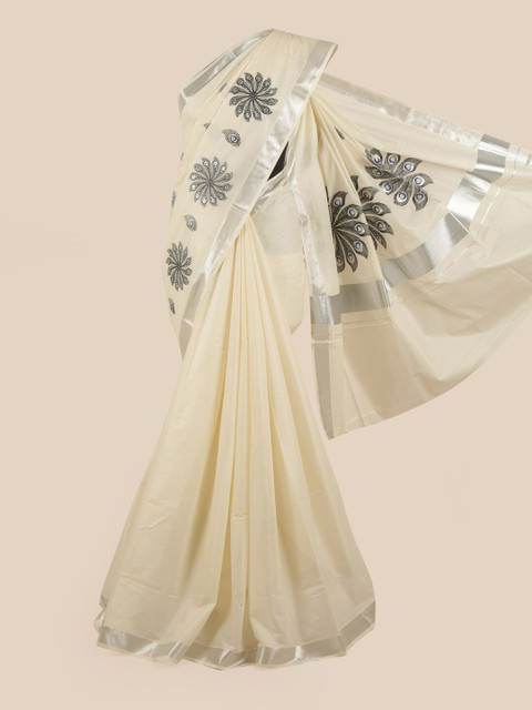 

Pothys Off White & Black Ethnic Motifs Embroidered Pure Cotton Kasavu Saree