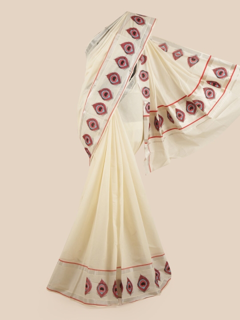 

Pothys Off White & Red Zari Pure Cotton Kasavu Saree