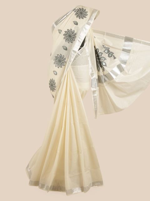

Pothys Off White & Black Ethnic Motifs Embroidered Zari Pure Cotton Kasavu Saree