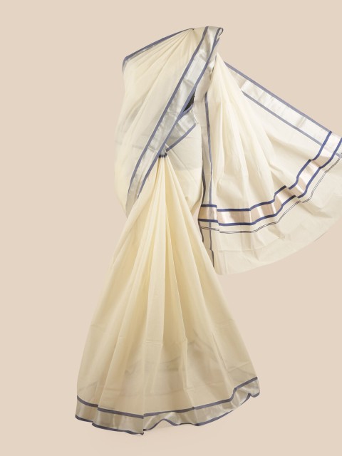 

Pothys Off White & Blue Pure Cotton Kasavu Saree