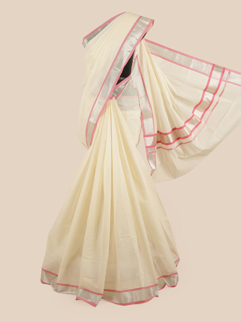 

Pothys Off White & Pink Pure Cotton Kasavu Saree