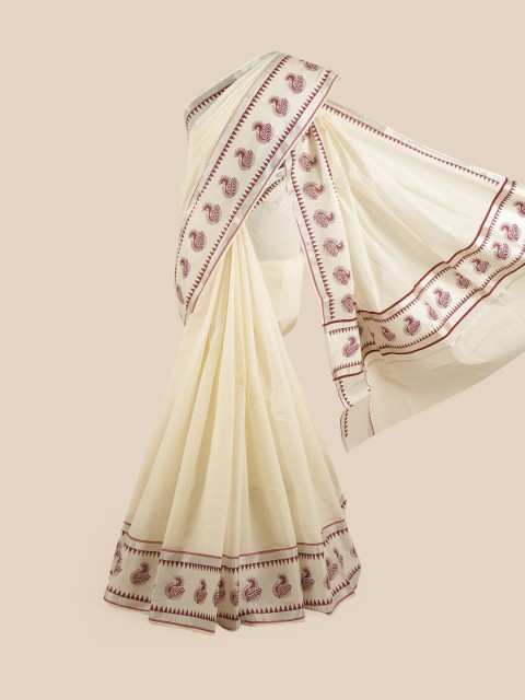 

Pothys Off White & Maroon Zari Pure Cotton Kasavu Saree