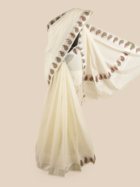 

Pothys Off White & Green Zari Pure Cotton Kasavu Saree